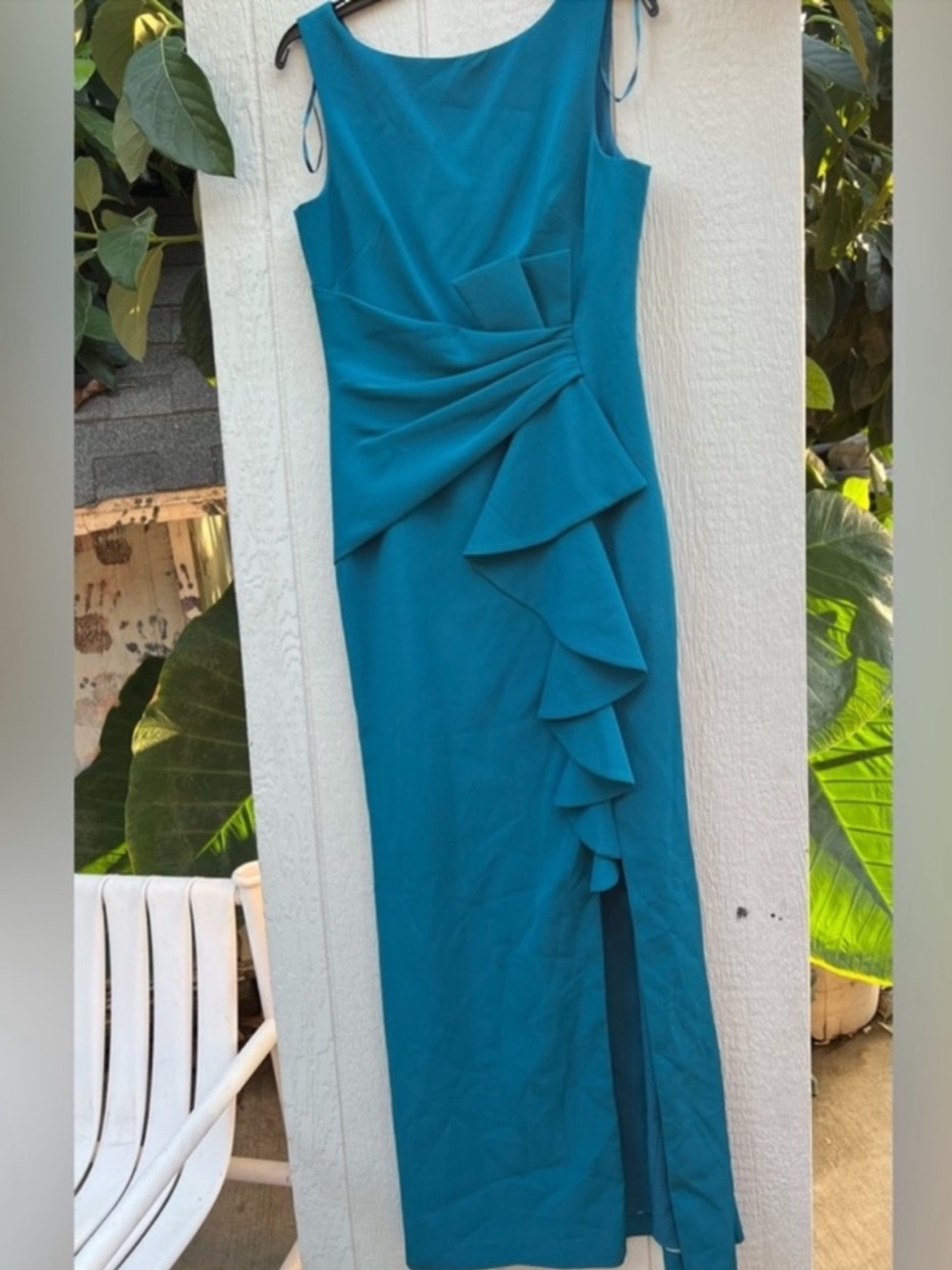 Eliza J evening gown ruffle teal ruched design